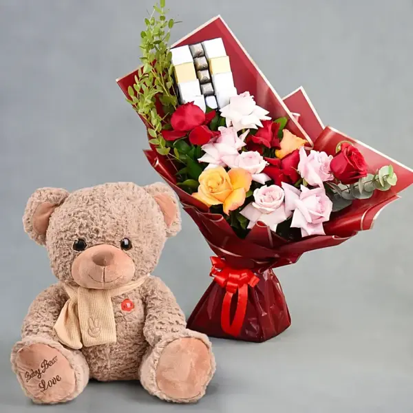 Classic Blooms and Chocolates with Teddy Bear